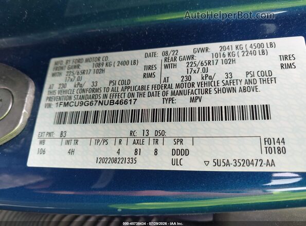 1FMCU9G67NUB46617 2022 FORD ESCAPE Blue Widok komory silnika
