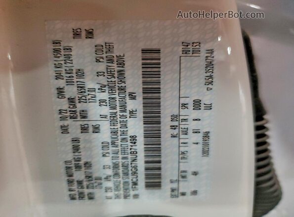 1FMCU9G67NUB71498 2022 FORD ESCAPE White Vista interior de 360 grados