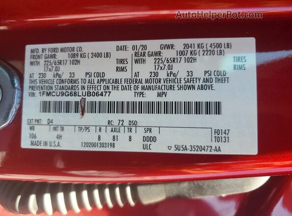 1FMCU9G68LUB06477 2020 FORD ESCAPE Red VIN კოდის სტიკერის ხედი