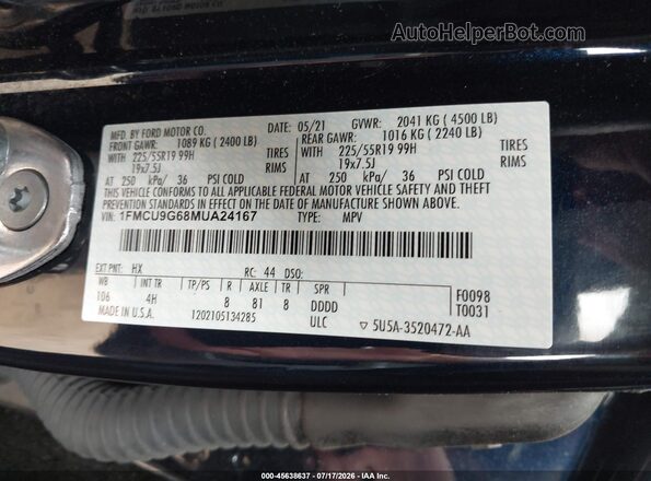 1FMCU9G68MUA24167 2021 FORD ESCAPE Dark Blue Вид подкапотного пространства