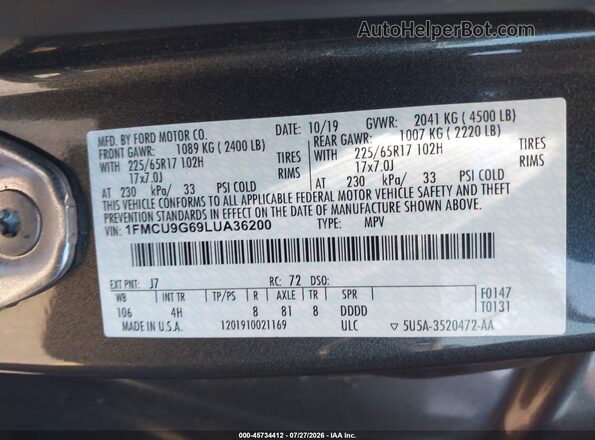 1FMCU9G69LUA36200 2020 FORD ESCAPE Gray Շարժիչի բաժամունքի տեսք