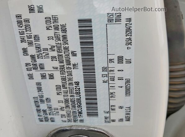 1FMCU9G69LUB32148 2020 FORD ESCAPE Белый Вид наклейки с VIN-кодом