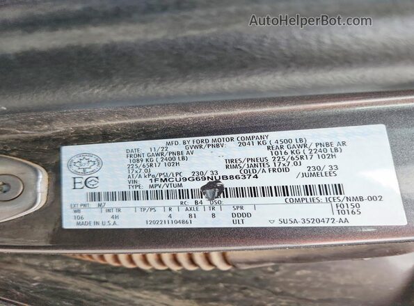 1FMCU9G69NUB86374 2022 FORD ESCAPE Серый Вид наклейки с VIN-кодом