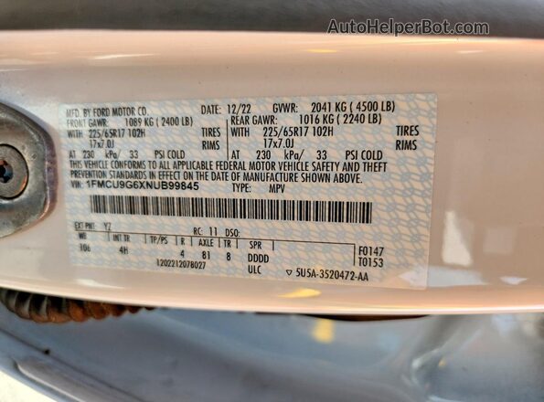 1FMCU9G6XNUB99845 2022 FORD ESCAPE White Widok naklejki z numerem VIN