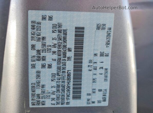 1FMCU9G91HUB08671 2017 FORD ESCAPE Silver Vista de la etiqueta del VIN