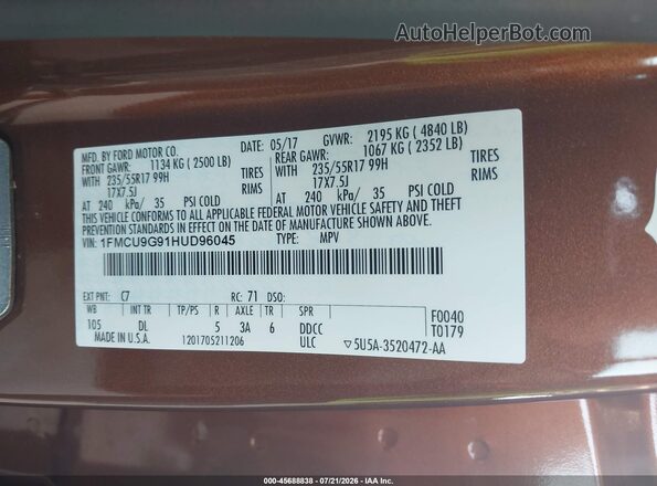 1FMCU9G91HUD96045 2017 FORD ESCAPE Orange Engine compartment view