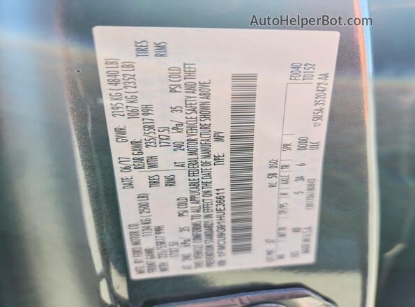 1FMCU9G91HUE36611 2017 FORD ESCAPE Gray Vista de la etiqueta del VIN