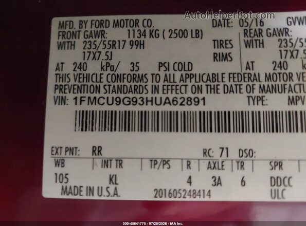 1FMCU9G93HUA62891 2017 FORD ESCAPE Red ძრავის განყოფილების ხედი
