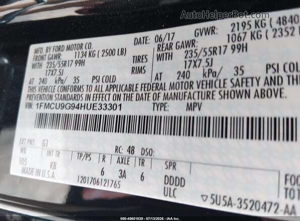 1FMCU9G94HUE33301 2017 FORD ESCAPE Черный Вид подкапотного пространства