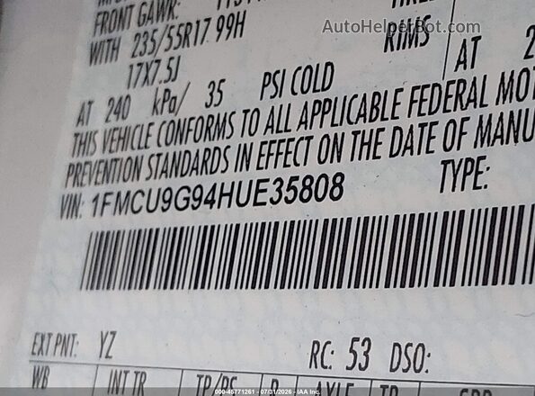 1FMCU9G94HUE35808 2017 FORD ESCAPE White Widok komory silnika