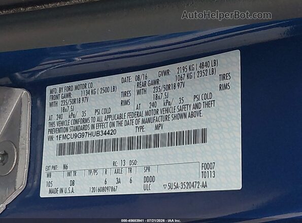 1FMCU9G97HUB34420 2017 FORD ESCAPE Blue ძრავის განყოფილების ხედი