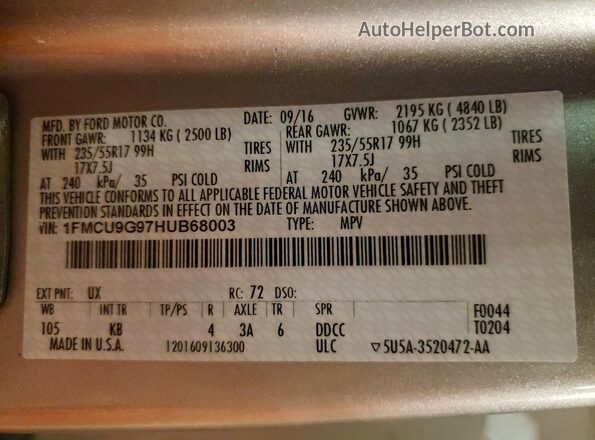 1FMCU9G97HUB68003 2017 FORD ESCAPE Silver VIN კოდის სტიკერის ხედი