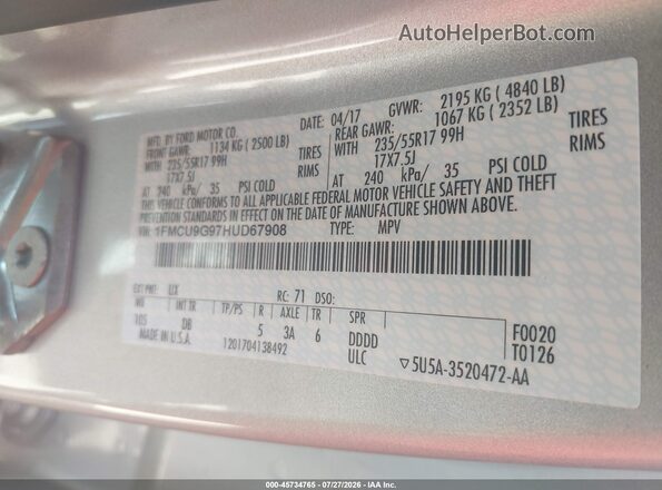 1FMCU9G97HUD67908 2017 FORD ESCAPE Silver Widok komory silnika
