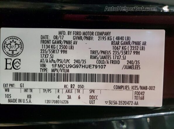 1FMCU9G97HUE79107 2017 FORD ESCAPE Black VIN կոդի պիտակի տեսք