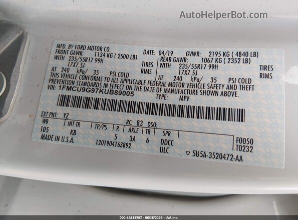1FMCU9G97KUB89005 2019 FORD ESCAPE White Engine compartment view