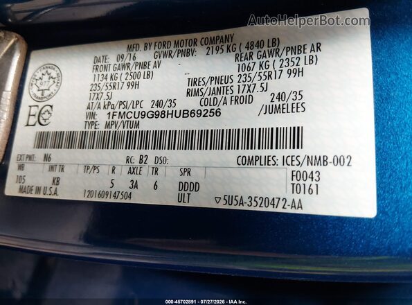 1FMCU9G98HUB69256 2017 FORD ESCAPE Blue Вид підкапотного простору