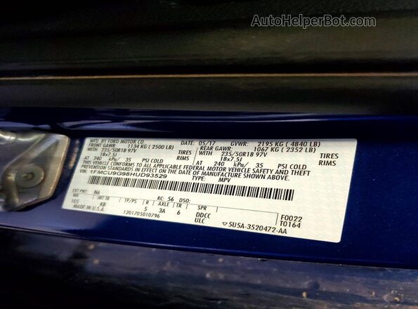 1FMCU9G98HUD93529 2017 FORD ESCAPE Blue Панорамний вид салону 360°