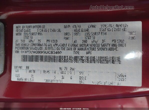 1FMCU9G99GUC83460 2016 FORD ESCAPE Красный Вид подкапотного пространства