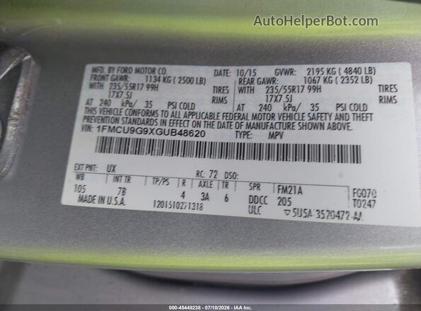 1FMCU9G9XGUB48620 2016 FORD ESCAPE Silver ძრავის განყოფილების ხედი