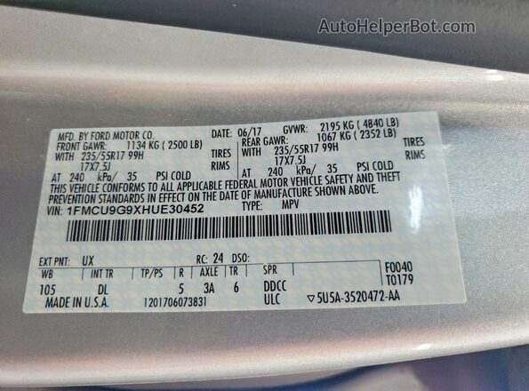 1FMCU9G9XHUE30452 2017 FORD ESCAPE Silver Вид наклейки з VIN-кодом