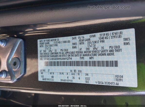 1FMCU9GD0HUA41274 2017 FORD ESCAPE Серый Вид подкапотного пространства