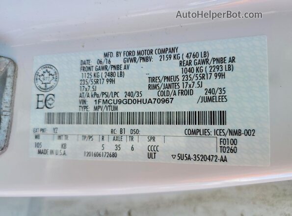 1FMCU9GD0HUA70967 2017 FORD ESCAPE White VIN კოდის სტიკერის ხედი