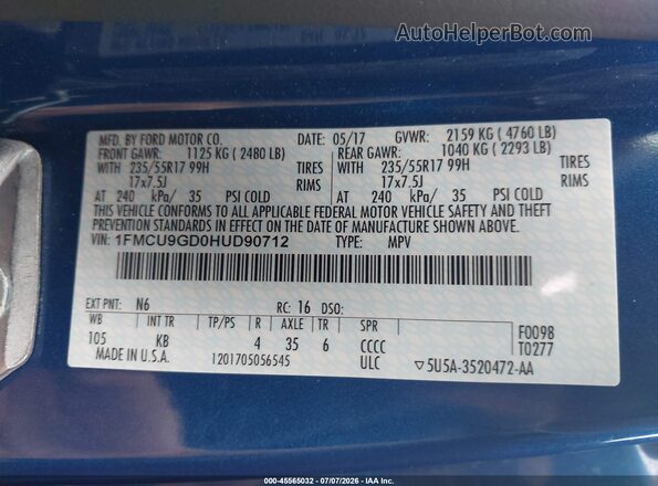 1FMCU9GD0HUD90712 2017 FORD ESCAPE Синий Вид подкапотного пространства