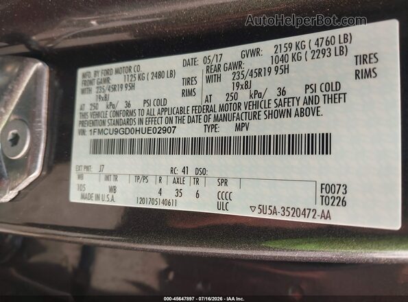 1FMCU9GD0HUE02907 2017 FORD ESCAPE Серый Вид подкапотного пространства