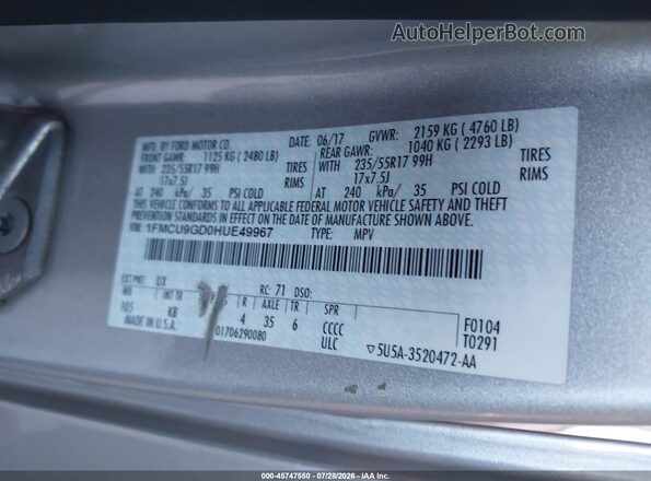 1FMCU9GD0HUE49967 2017 FORD ESCAPE Серебряный Вид подкапотного пространства