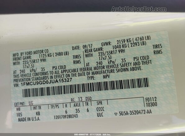 1FMCU9GD0JUA15327 2018 FORD ESCAPE White Widok komory silnika