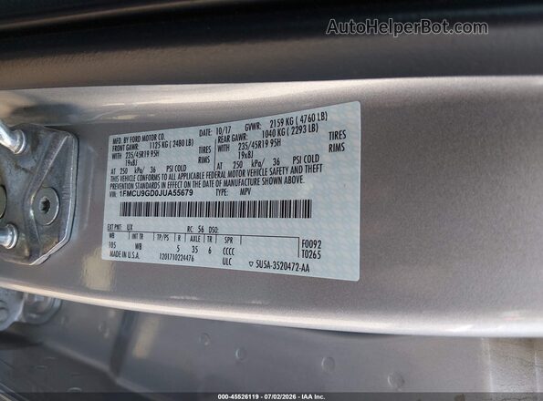 1FMCU9GD0JUA55679 2018 FORD ESCAPE Silver Vista del compartimento del motor