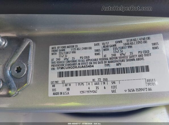 1FMCU9GD0JUA65404 2018 FORD ESCAPE Silver ძრავის განყოფილების ხედი