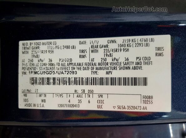 1FMCU9GD0JUA72093 2018 FORD ESCAPE Синий Вид наклейки с VIN-кодом