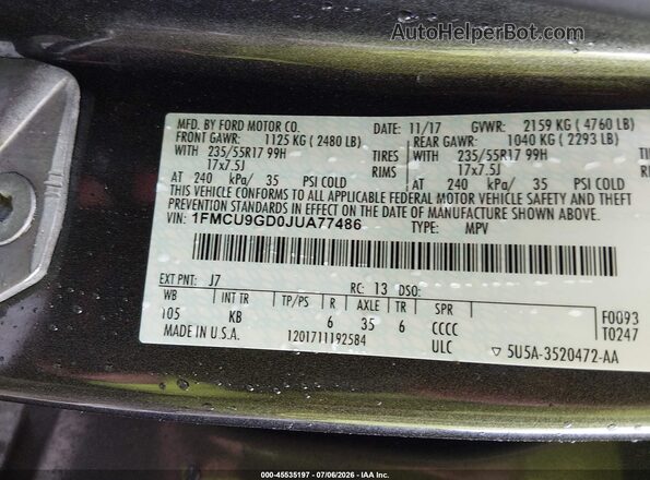1FMCU9GD0JUA77486 2018 FORD ESCAPE Gray Engine compartment view