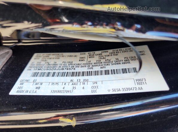 1FMCU9GD0JUB78575 2018 FORD ESCAPE Черный Вид наклейки с VIN-кодом