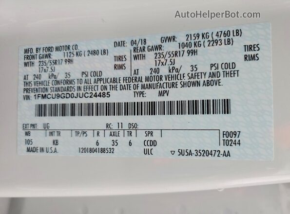 1FMCU9GD0JUC24485 2018 FORD ESCAPE White VIN sticker view