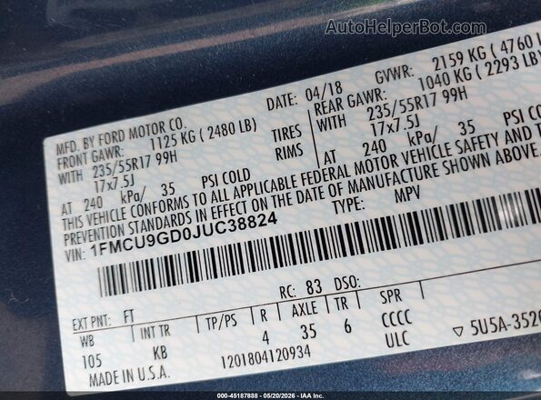 1FMCU9GD0JUC38824 2018 FORD ESCAPE Blue Vista del compartimento del motor