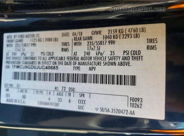 1FMCU9GD0JUC40685 2018 FORD ESCAPE Черный Вид наклейки с VIN-кодом