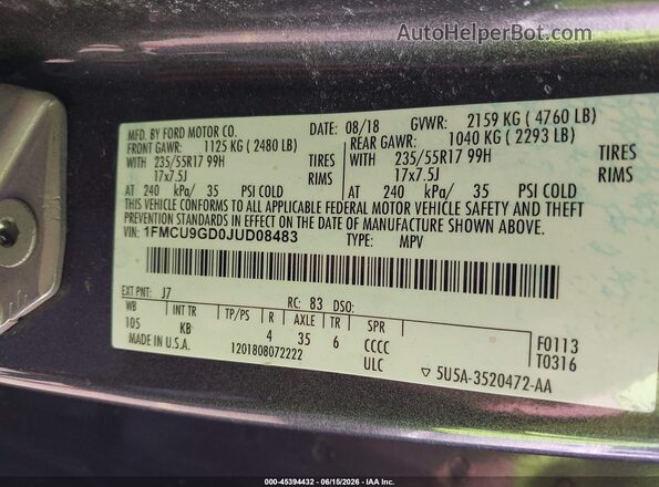 1FMCU9GD0JUD08483 2018 FORD ESCAPE Gray Շարժիչի բաժամունքի տեսք
