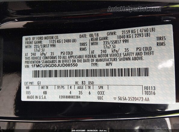 1FMCU9GD0JUD08550 2018 FORD ESCAPE Gray Widok komory silnika