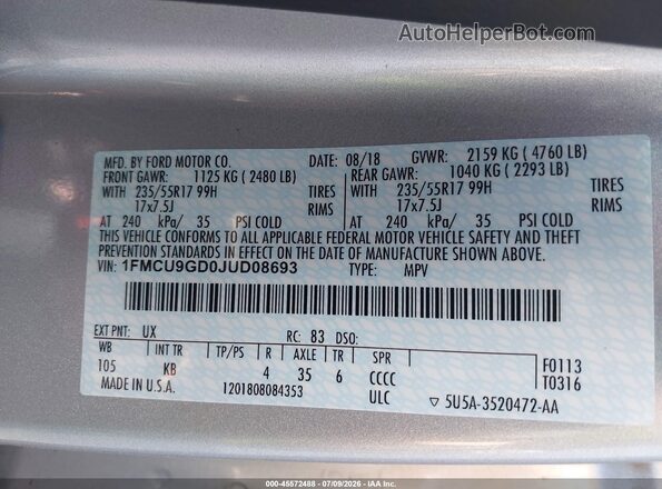 1FMCU9GD0JUD08693 2018 FORD ESCAPE Silver Vista del compartimento del motor