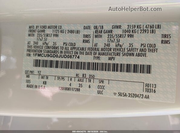 1FMCU9GD0JUD08774 2018 FORD ESCAPE White Engine compartment view
