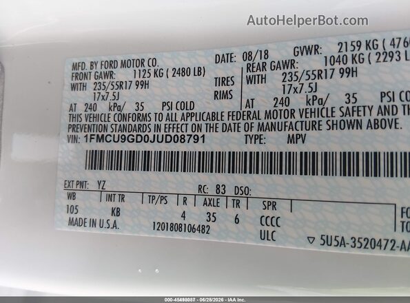 1FMCU9GD0JUD08791 2018 FORD ESCAPE White Շարժիչի բաժամունքի տեսք