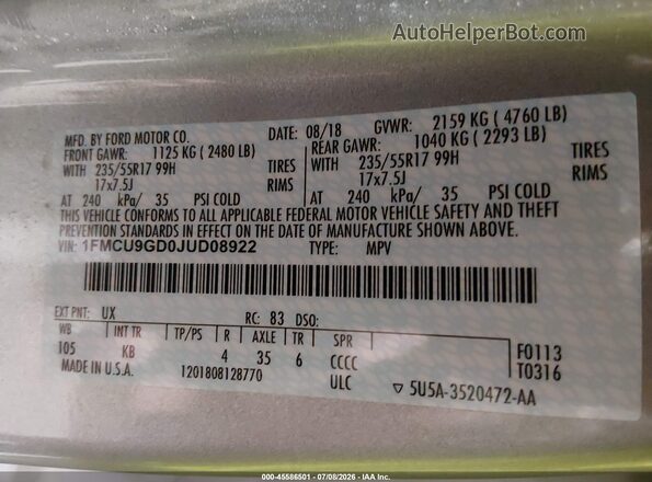 1FMCU9GD0JUD08922 2018 FORD ESCAPE Silver Widok komory silnika