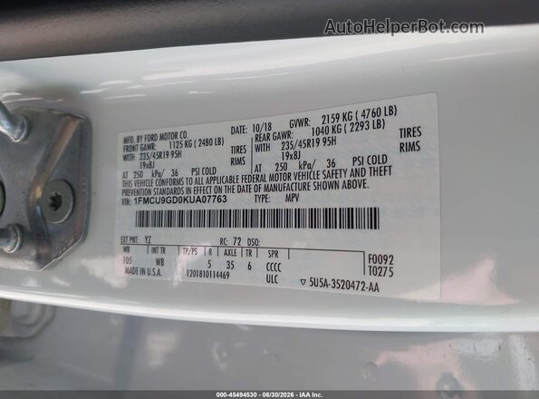 1FMCU9GD0KUA07763 2019 FORD ESCAPE White Շարժիչի բաժամունքի տեսք