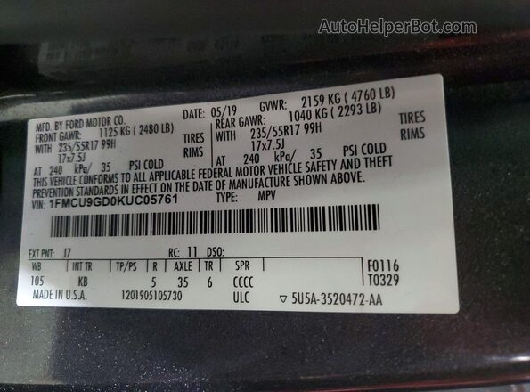 1FMCU9GD0KUC05761 2019 FORD ESCAPE Gray VIN კოდის სტიკერის ხედი