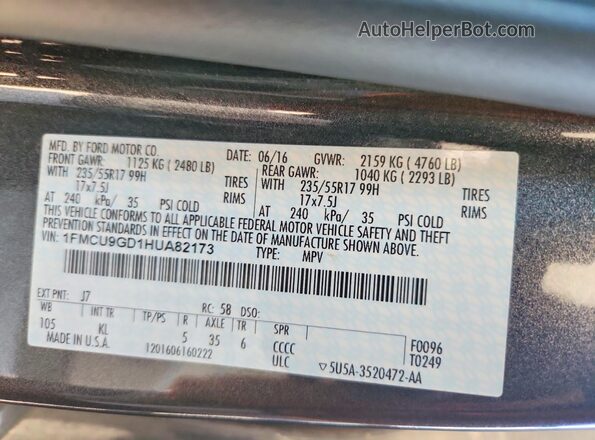 1FMCU9GD1HUA82173 2017 FORD ESCAPE Gray Вид наклейки з VIN-кодом