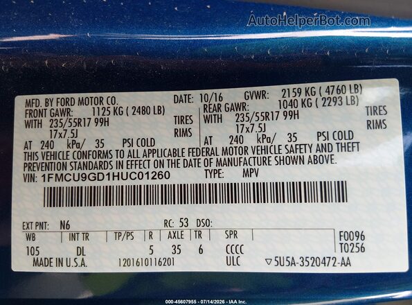 1FMCU9GD1HUC01260 2017 FORD ESCAPE Blue ძრავის განყოფილების ხედი