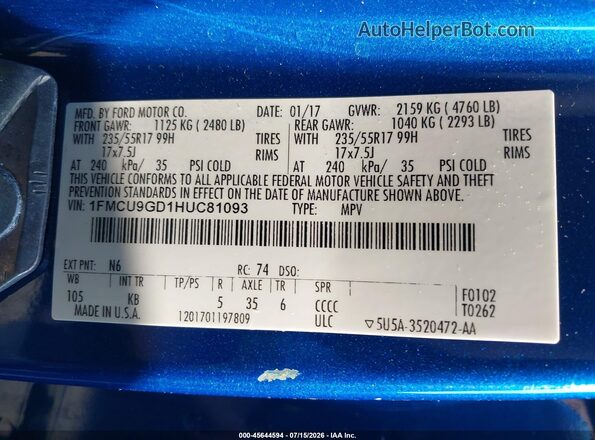 1FMCU9GD1HUC81093 2017 FORD ESCAPE Blue Vista del compartimento del motor