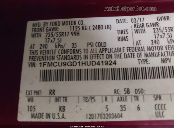 1FMCU9GD1HUD41924 2017 FORD ESCAPE Red ძრავის განყოფილების ხედი